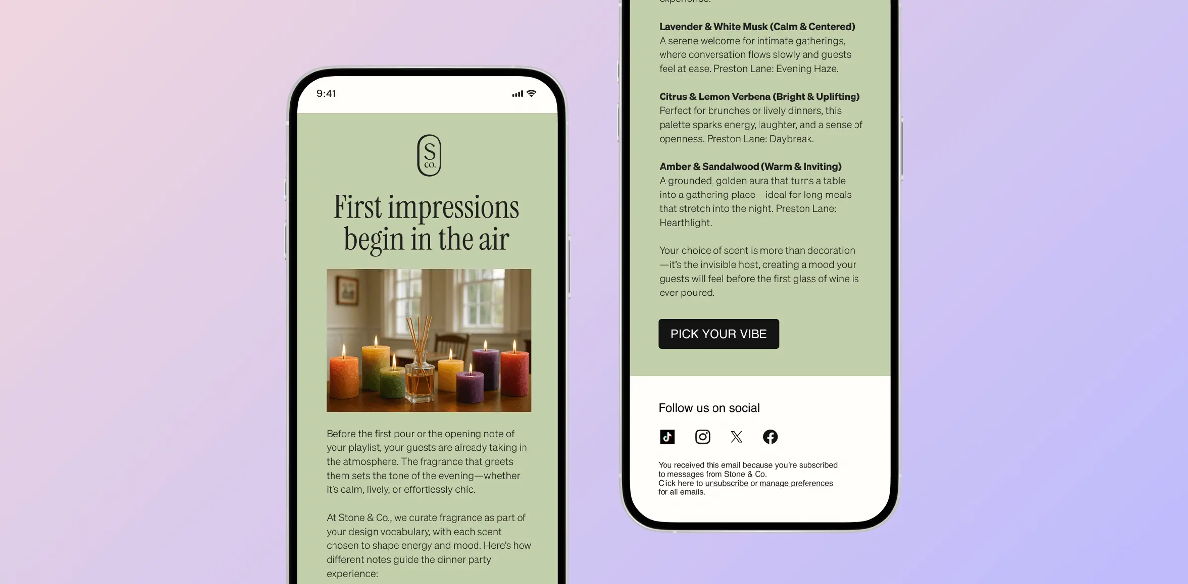 Two smartphones display a fragrance-themed email from Stone & Co., featuring colorful candles and scent descriptions.