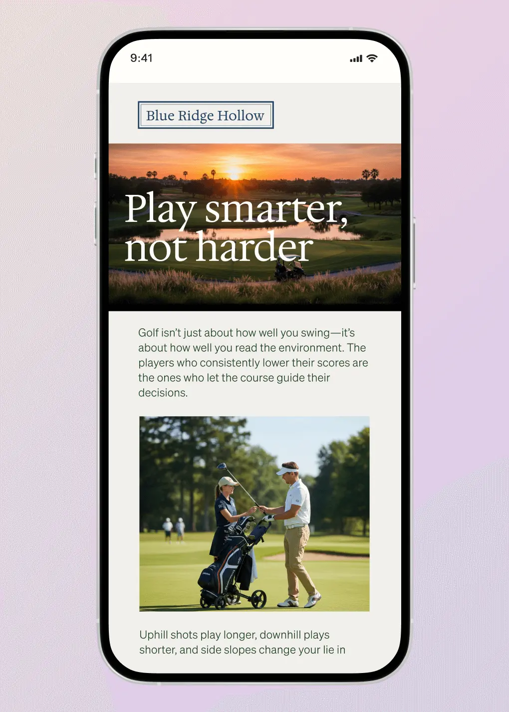 Mobile screen displaying a golf-themed webpage titled "Play smarter, not harder" with a sunset golf course image and text about reading the environment.