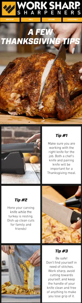 Image shows a Thanksgiving email from knife sharpening brand Work Sharp, which shows a photo of someone cutting into a turkey under the headline, “a few Thanksgiving tips.” The email goes on to offer 3 tips for carving meat over the holiday, each with a corresponding photo.