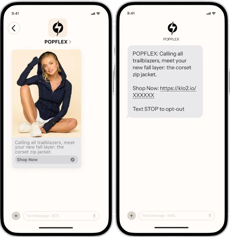 Two smartphones display a POPFLEX ad. Left: Woman in a navy jacket. Right: Text promoting the corset zip jacket with a shop link.