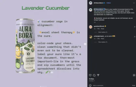 Image shows an Instagram post from Aura Bora featuring a can of their Lavender Cucumber sparkling water against a lavender background with green text parodying the style of an astrology horoscope.