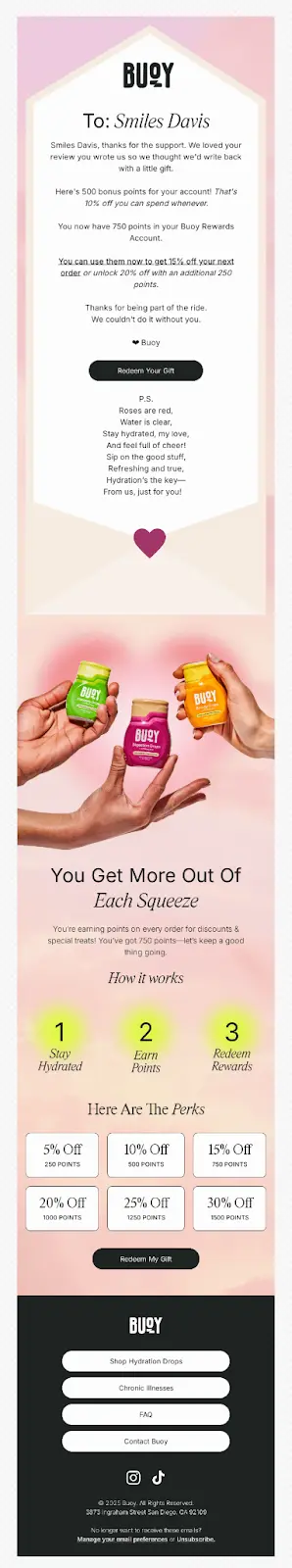 Buoy Valentine's Day marketing email featuring a personalized message, reward points, and images of hydration products held by hands.