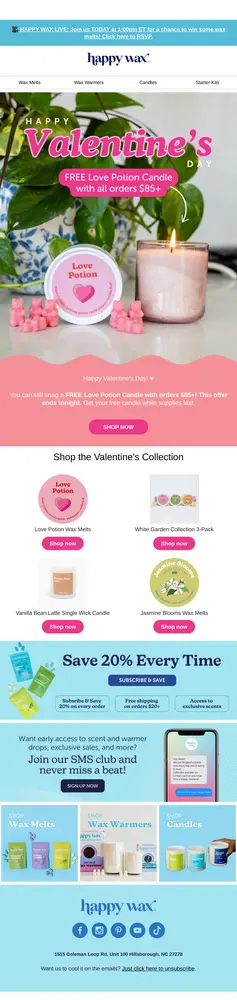 Happy Wax Valentine's Day promotion featuring a Love Potion candle and wax melts. Includes product images and discount offers.