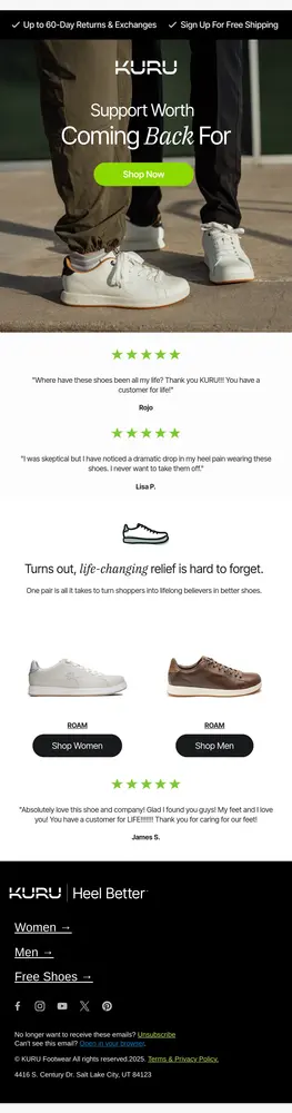KURU email ad featuring sneakers, customer reviews, and "Shop Now" buttons for men's and women's shoes.