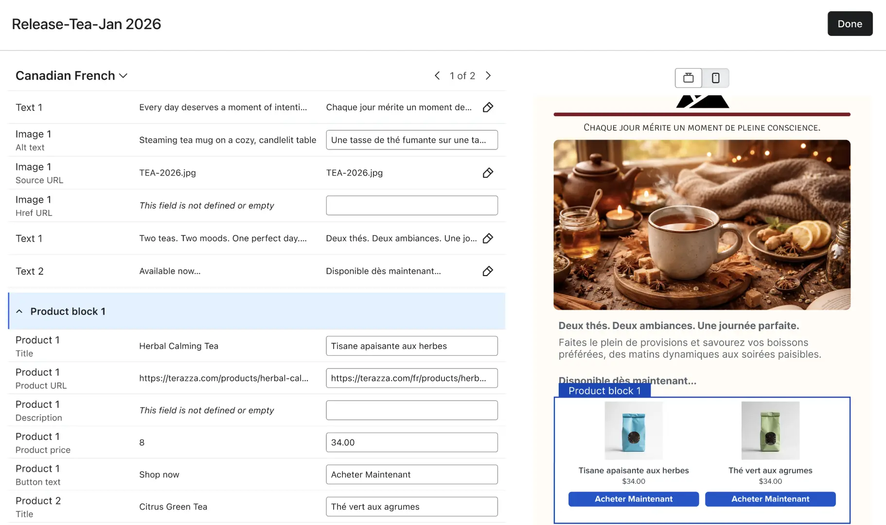 Tea catalog interface showing product details in English and French. Includes images of herbal calming tea and citrus green tea.