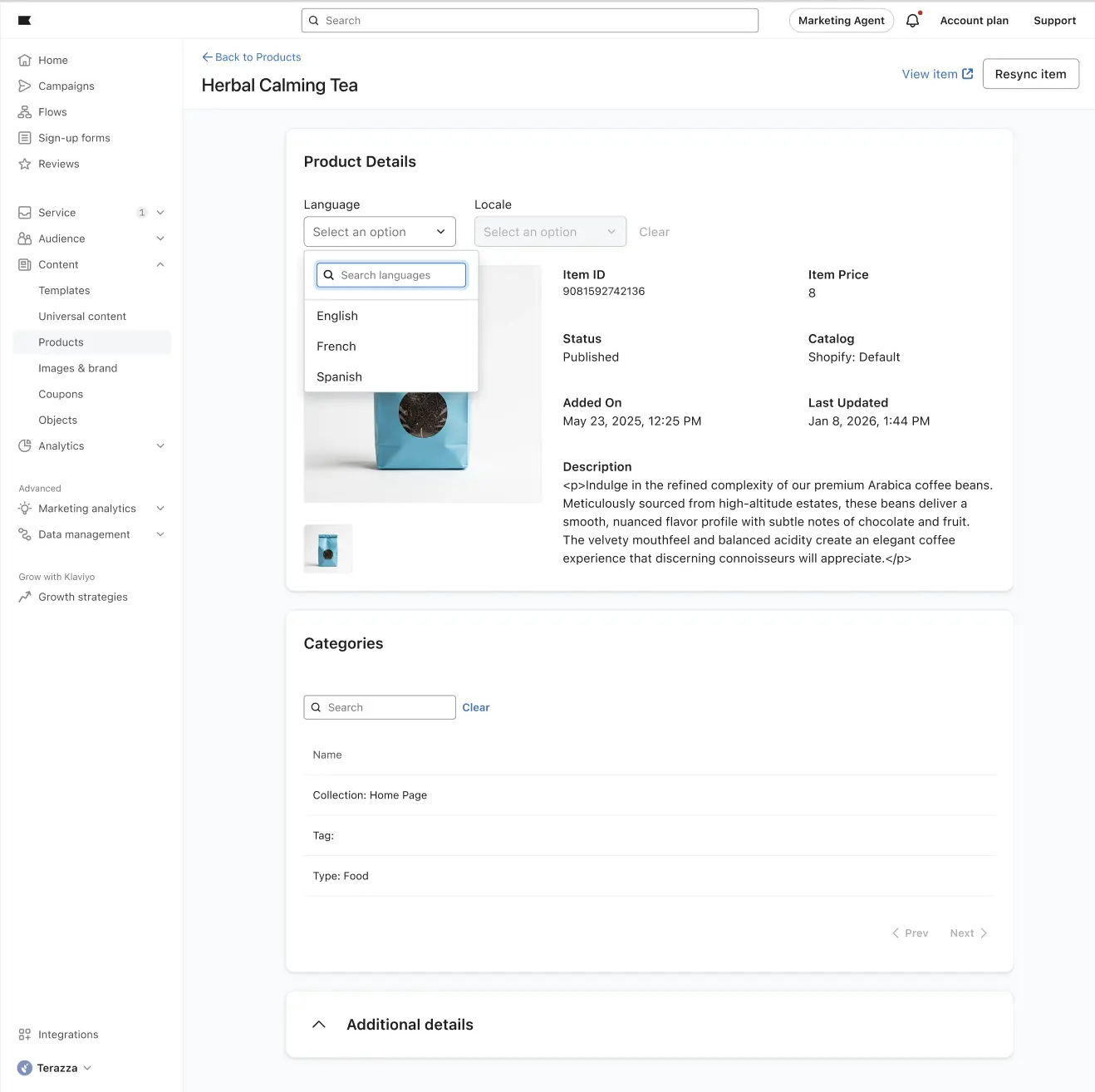 Product management interface for "Herbal Calming Tea" with options for language and locale selection. Product details and categories are displayed.