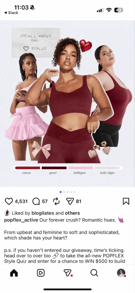 Three women in Popflex activewear in pink and red hues. Text reads "It's all about hue" with a heart and "Popflex.
